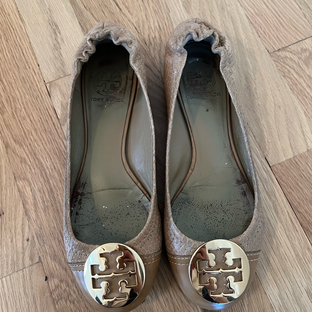 Tory Burch Tan Leather Flats with Gold Medallion